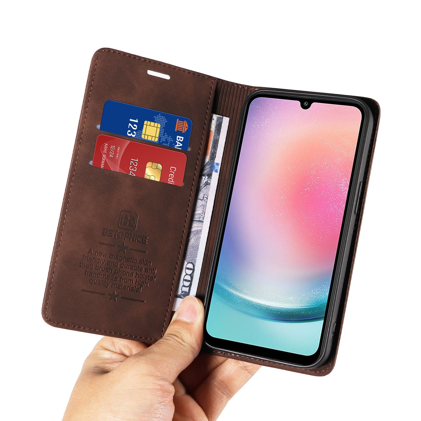 Uniqkart 003 For Samsung Galaxy A24 4G RFID Blocking PU Leather Stand Cover Shockproof Wallet Cell Phone Case - Brown