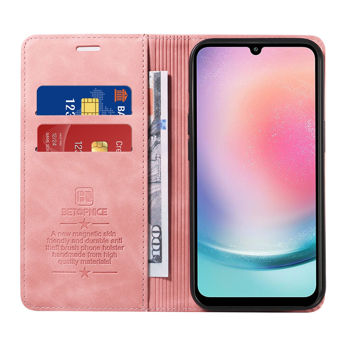 Uniqkart 003 For Samsung Galaxy A24 4G RFID Blocking PU Leather Stand Cover Shockproof Wallet Cell Phone Case - Pink