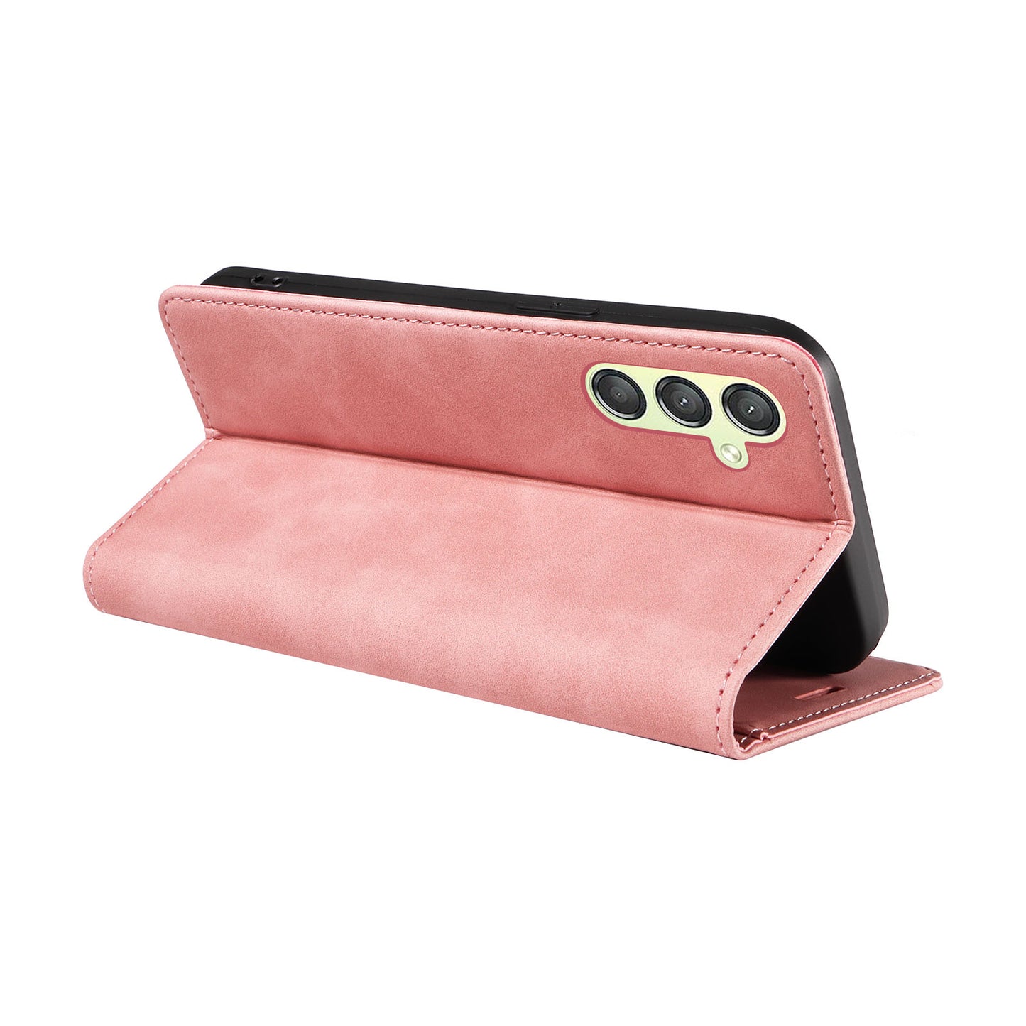 Uniqkart 003 For Samsung Galaxy A24 4G RFID Blocking PU Leather Stand Cover Shockproof Wallet Cell Phone Case - Pink