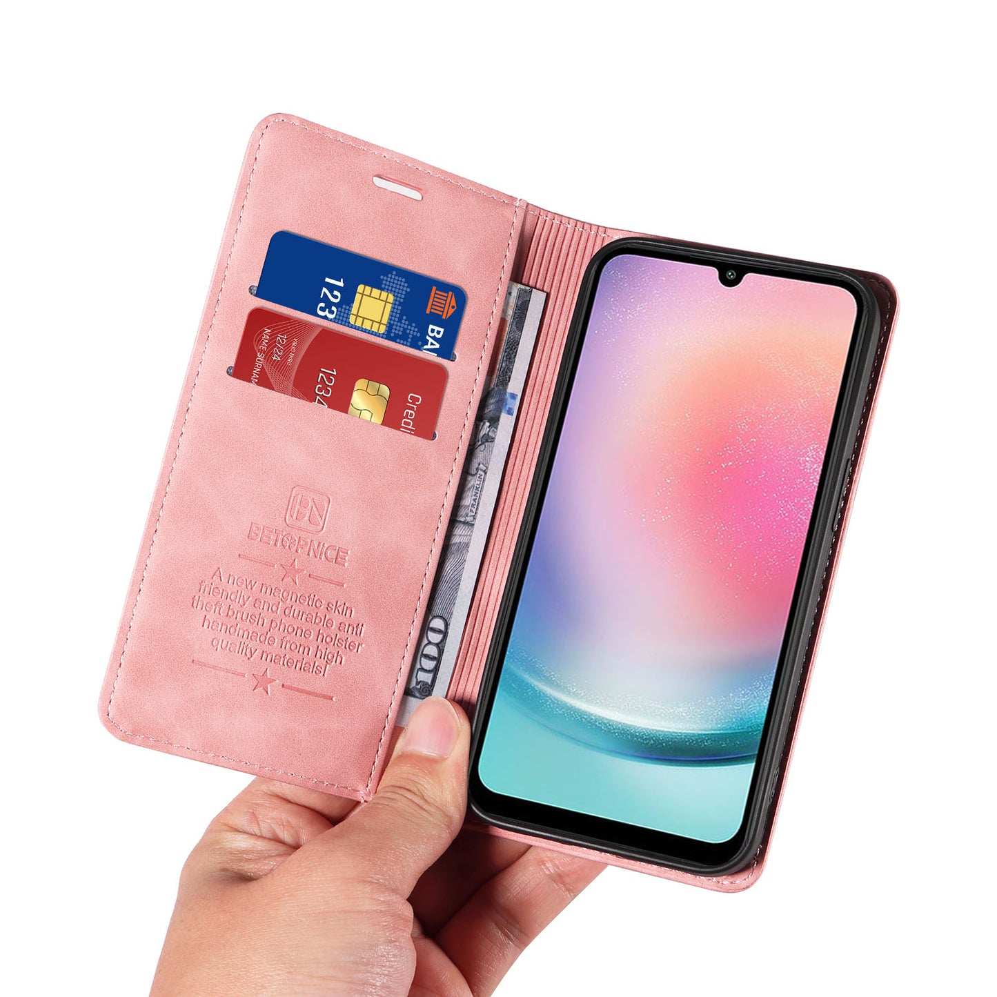 Uniqkart 003 For Samsung Galaxy A24 4G RFID Blocking PU Leather Stand Cover Shockproof Wallet Cell Phone Case - Pink