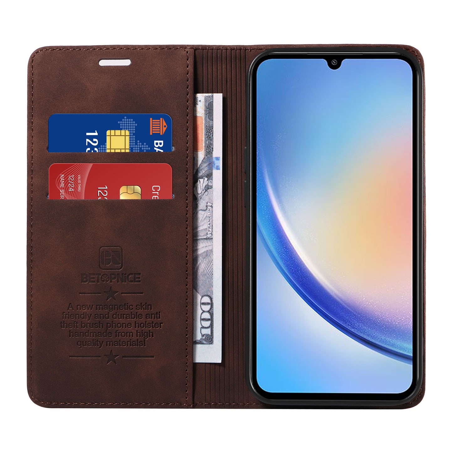 Uniqkart 003 For Samsung Galaxy A34 5G Wallet RFID Blocking Phone Stand Cover Shockproof PU Leather Case - Brown