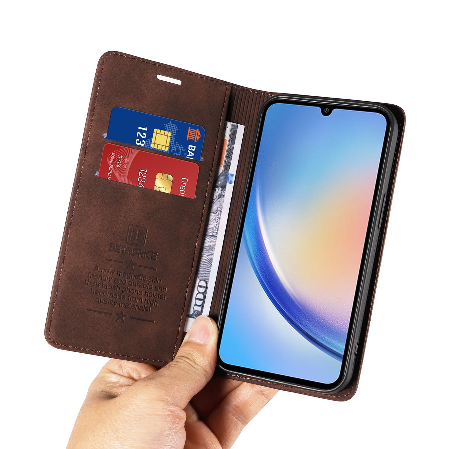 Uniqkart 003 For Samsung Galaxy A34 5G Wallet RFID Blocking Phone Stand Cover Shockproof PU Leather Case - Brown