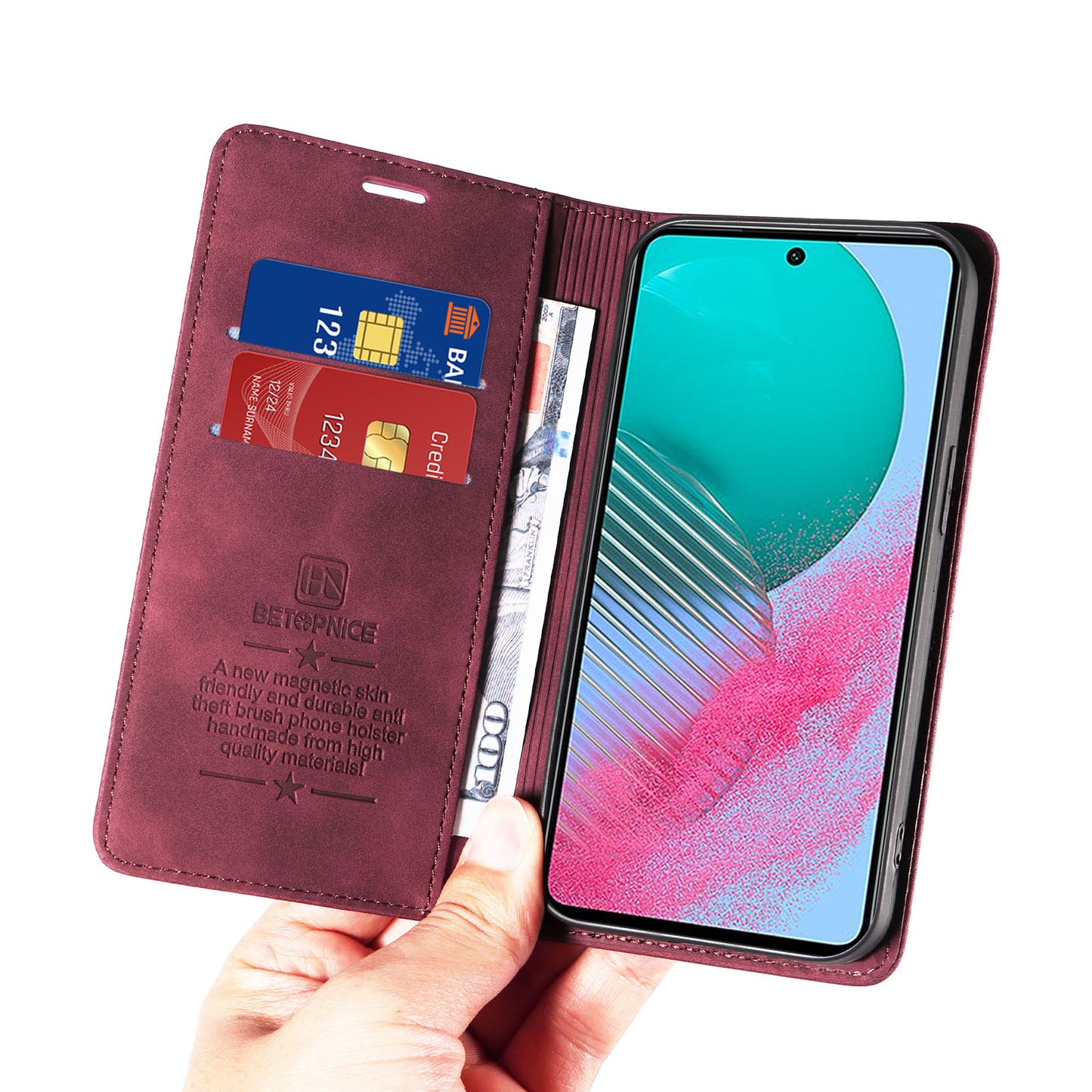 Uniqkart 003 For Samsung Galaxy M54 5G / F54 5G Shockproof PU Leather Cell Phone Case Wallet RFID Blocking Phone Stand Cover - Red