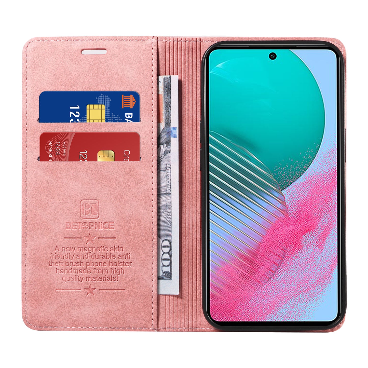 Uniqkart 003 For Samsung Galaxy M54 5G / F54 5G Shockproof PU Leather Cell Phone Case Wallet RFID Blocking Phone Stand Cover - Pink
