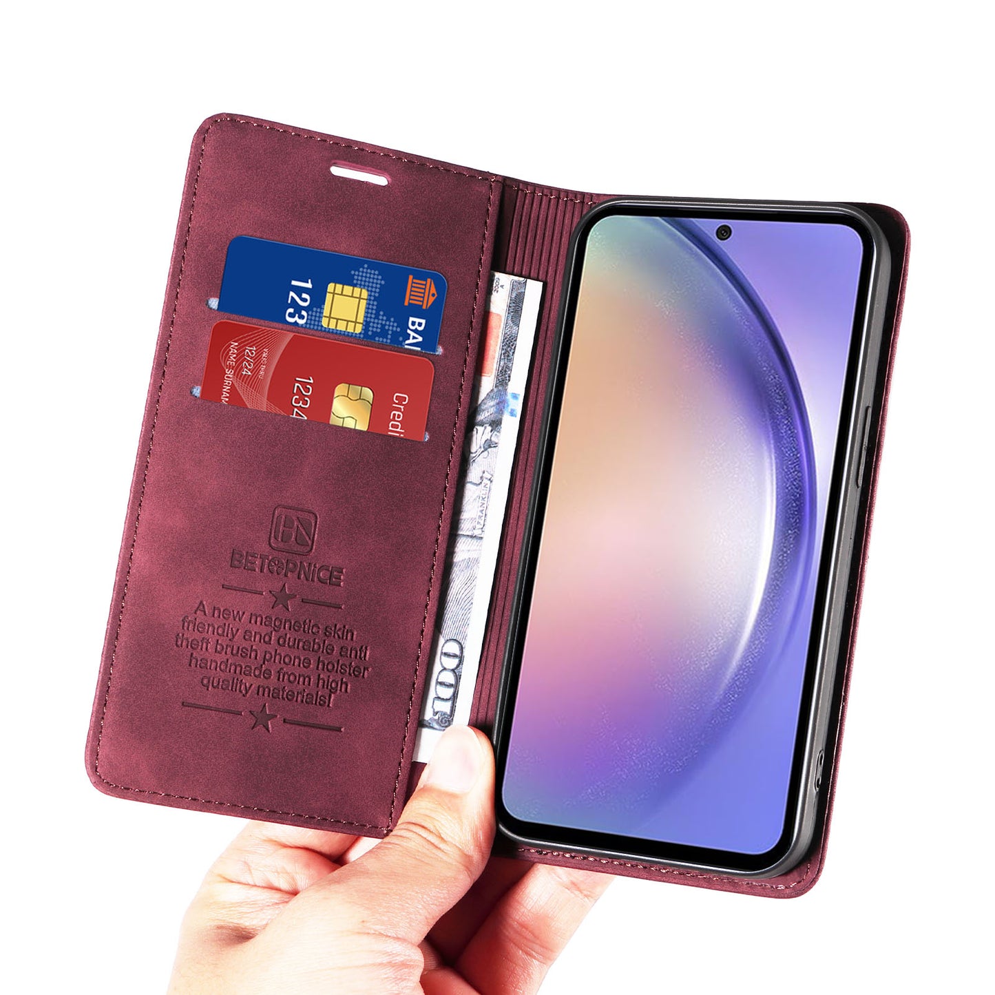 Uniqkart 003 Phone Stand Cover For Samsung Galaxy A54 5G , Anti-Dust Wallet RFID Blocking PU Leather Case - Red