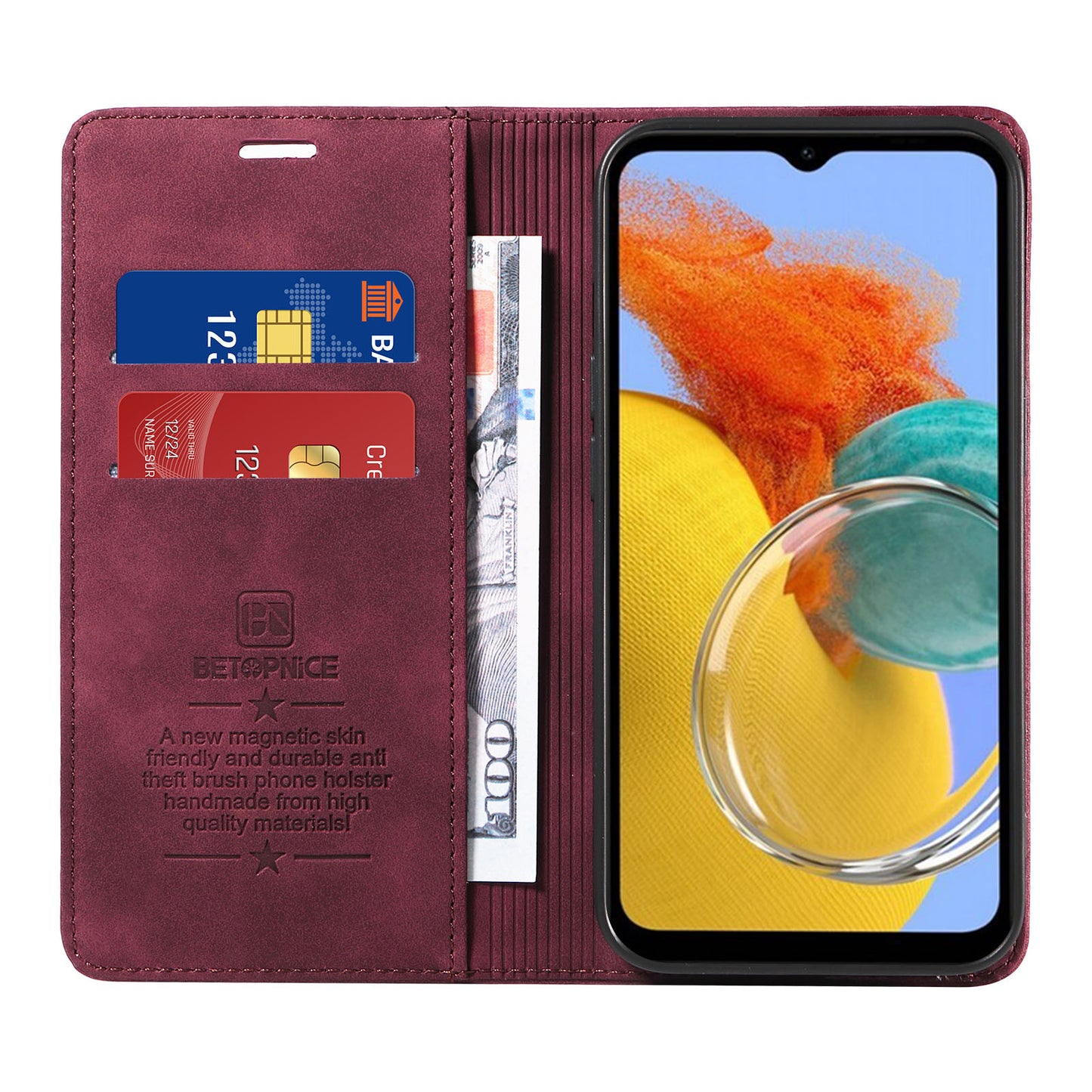 Uniqkart 003 RFID Blocking Phone Cover For Samsung Galaxy F14 5G / M14 5G , PU Leather Stand Wallet Mobile Phone Case - Red