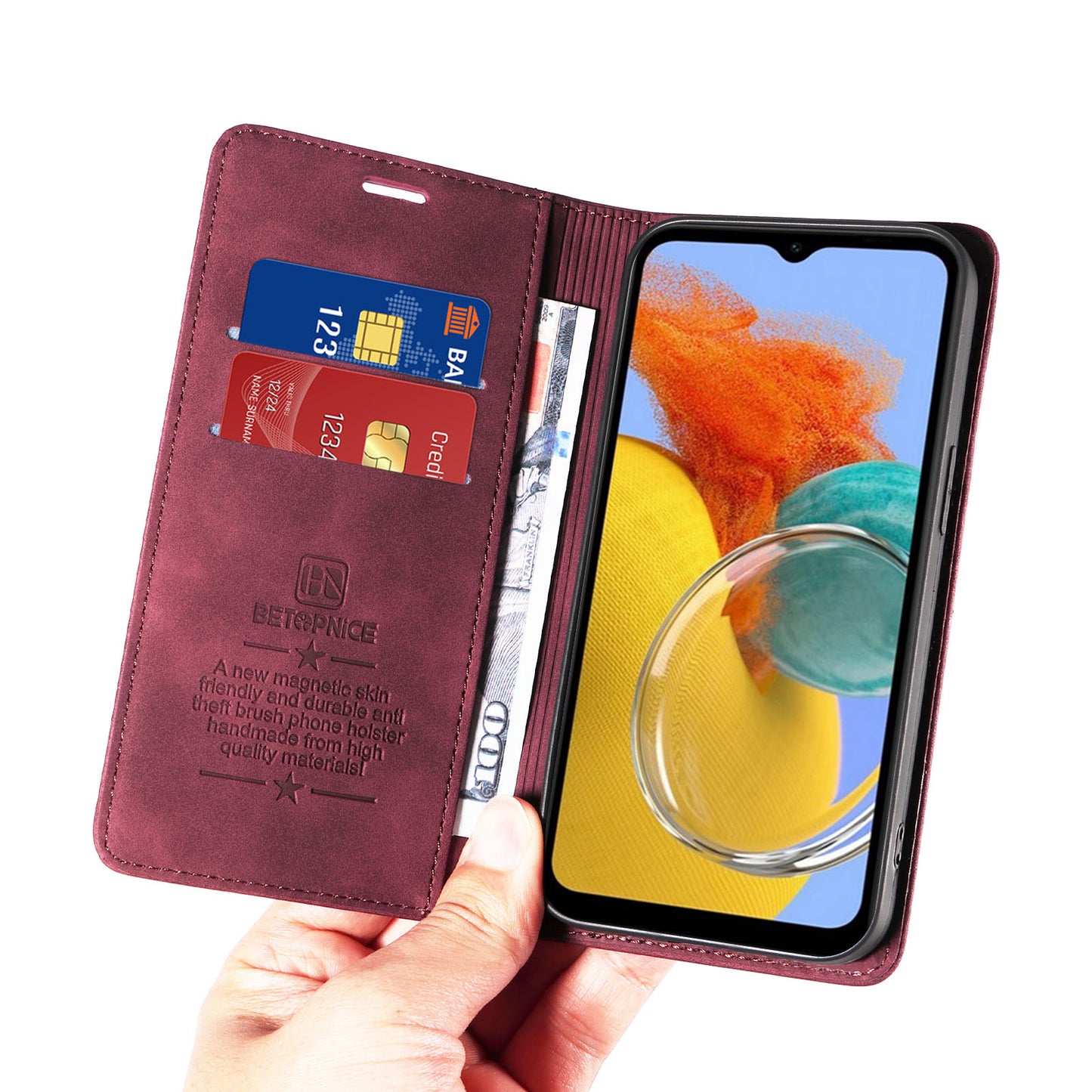 Uniqkart 003 RFID Blocking Phone Cover For Samsung Galaxy F14 5G / M14 5G , PU Leather Stand Wallet Mobile Phone Case - Red