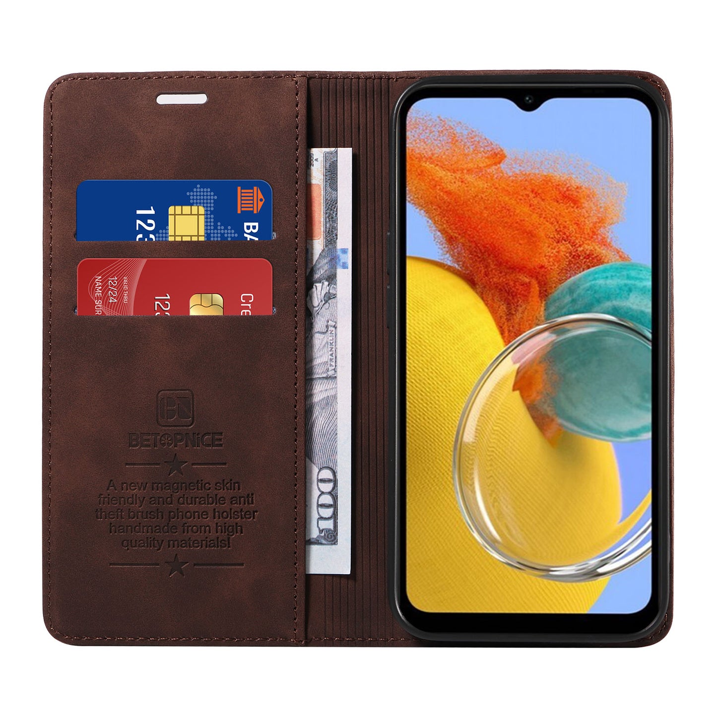 Uniqkart 003 RFID Blocking Phone Cover For Samsung Galaxy F14 5G / M14 5G , PU Leather Stand Wallet Mobile Phone Case - Brown