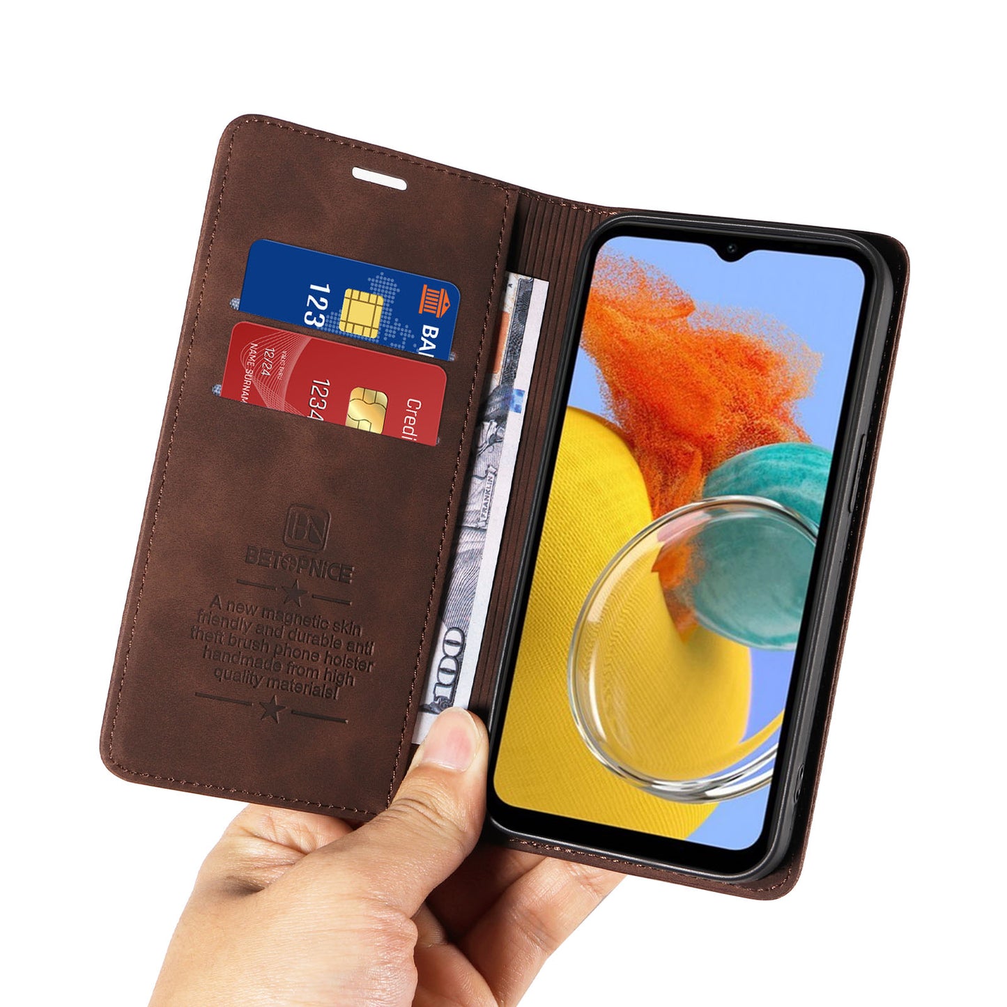 Uniqkart 003 RFID Blocking Phone Cover For Samsung Galaxy F14 5G / M14 5G , PU Leather Stand Wallet Mobile Phone Case - Brown