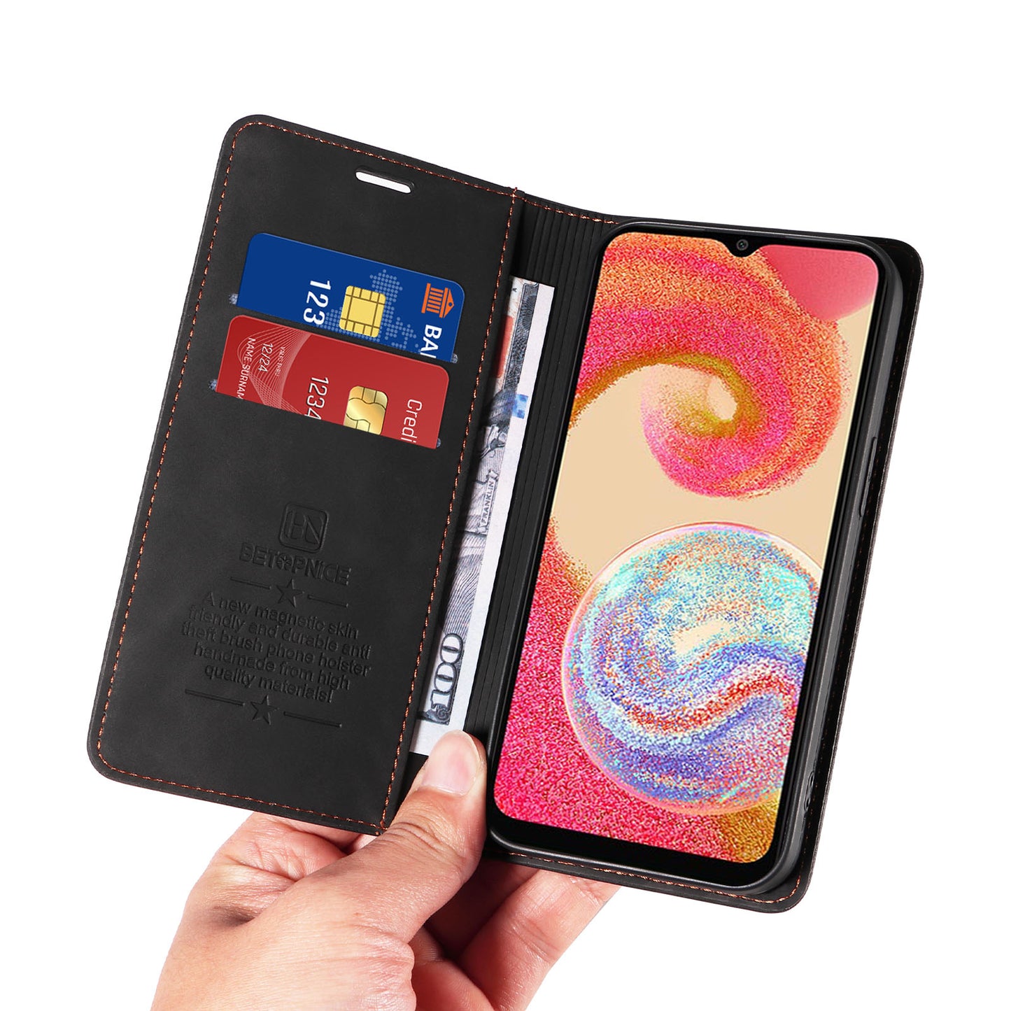 Uniqkart 003 For Samsung Galaxy A04e 4G / F04 4G / M04 4G Wallet Cell Phone Case RFID Blocking PU Leather Stand Cover - Black