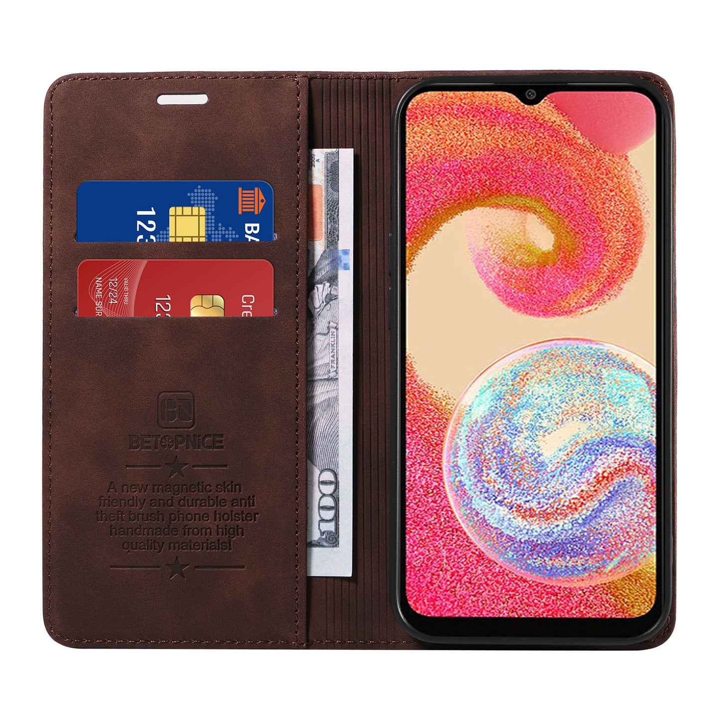Uniqkart 003 For Samsung Galaxy A04e 4G / F04 4G / M04 4G Wallet Cell Phone Case RFID Blocking PU Leather Stand Cover - Brown