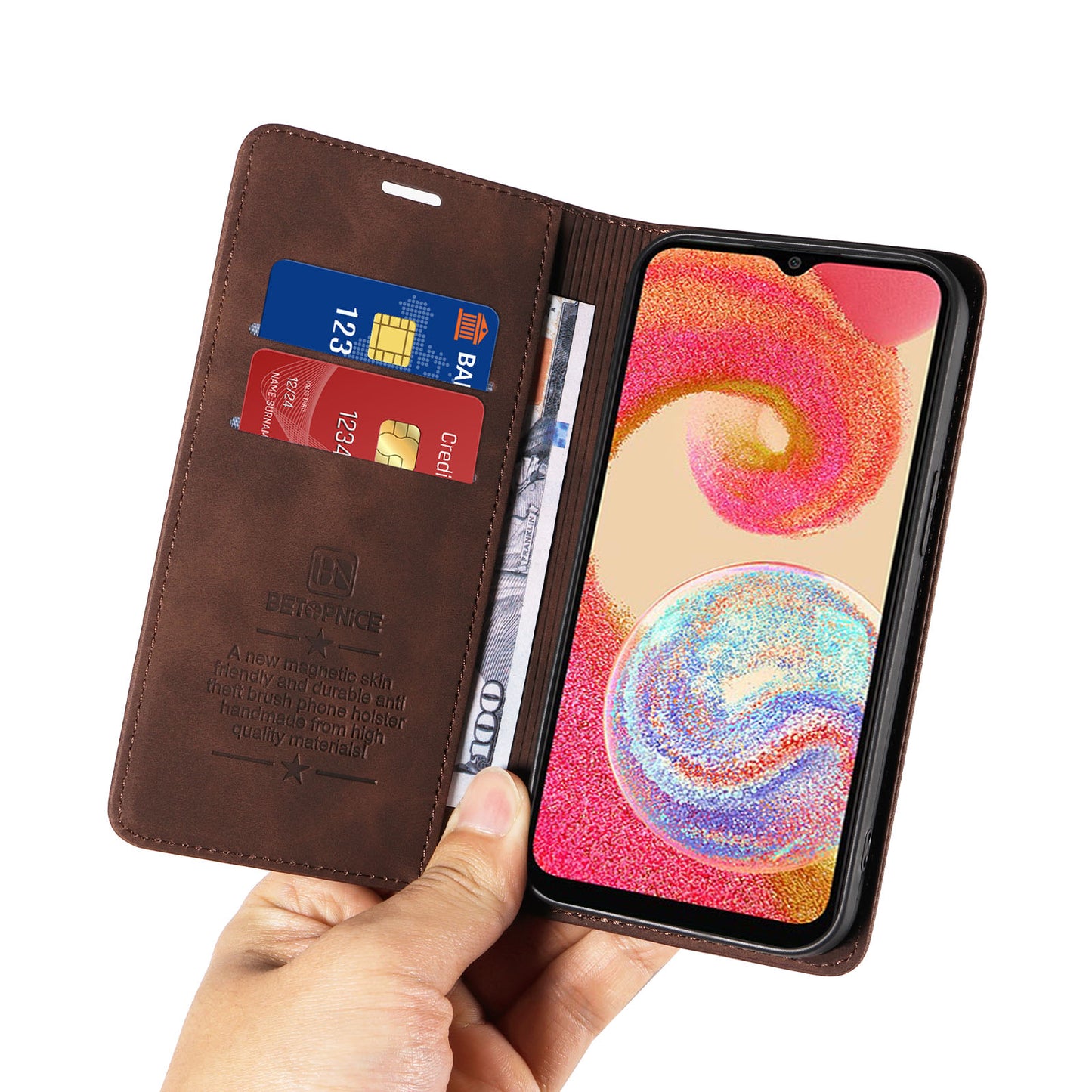 Uniqkart 003 For Samsung Galaxy A04e 4G / F04 4G / M04 4G Wallet Cell Phone Case RFID Blocking PU Leather Stand Cover - Brown