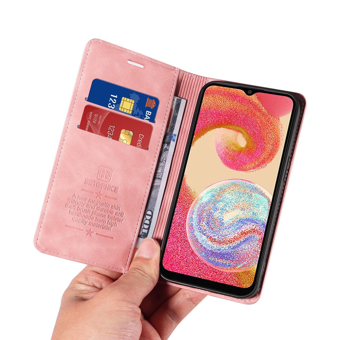 Uniqkart 003 For Samsung Galaxy A04e 4G / F04 4G / M04 4G Wallet Cell Phone Case RFID Blocking PU Leather Stand Cover - Pink