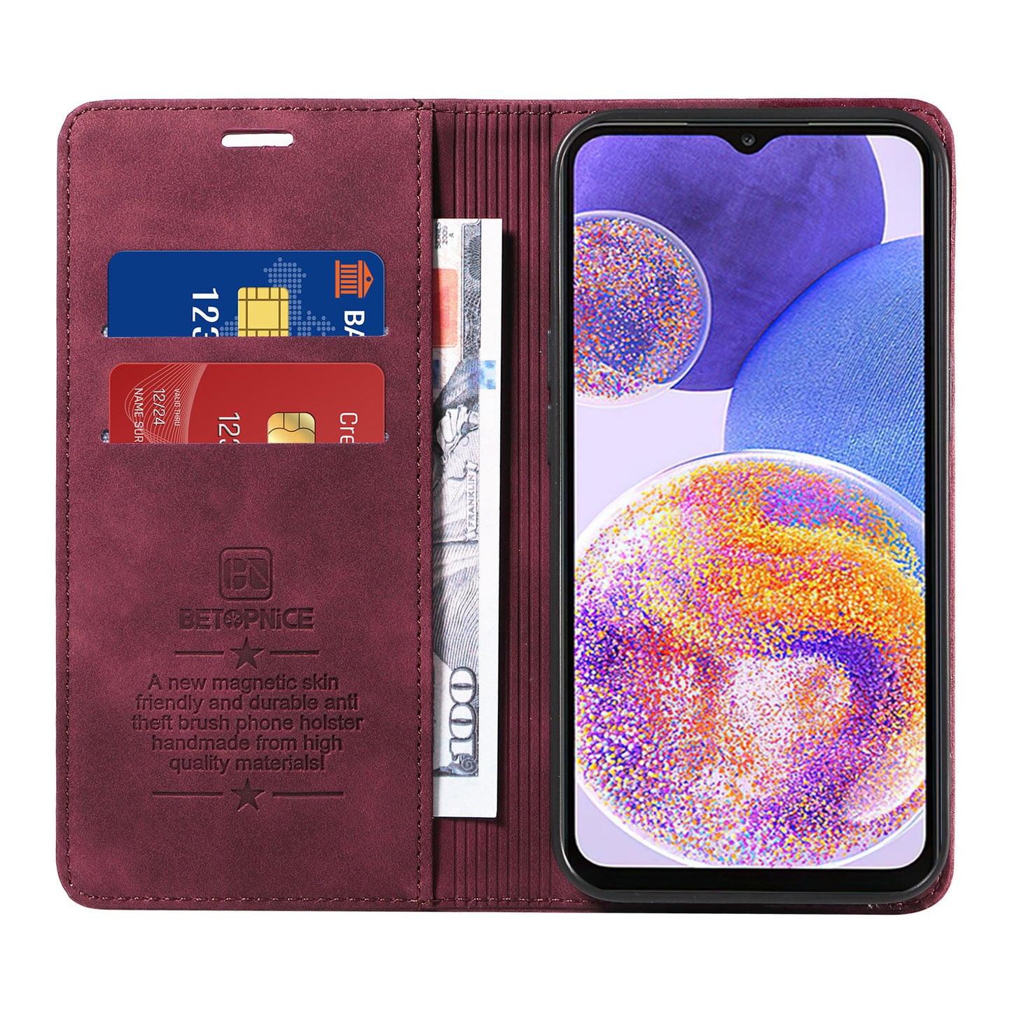 Uniqkart 003 For Samsung Galaxy A73 5G Slim-Fit PU Leather Stand Cover RFID Blocking Wallet Phone Case - Red