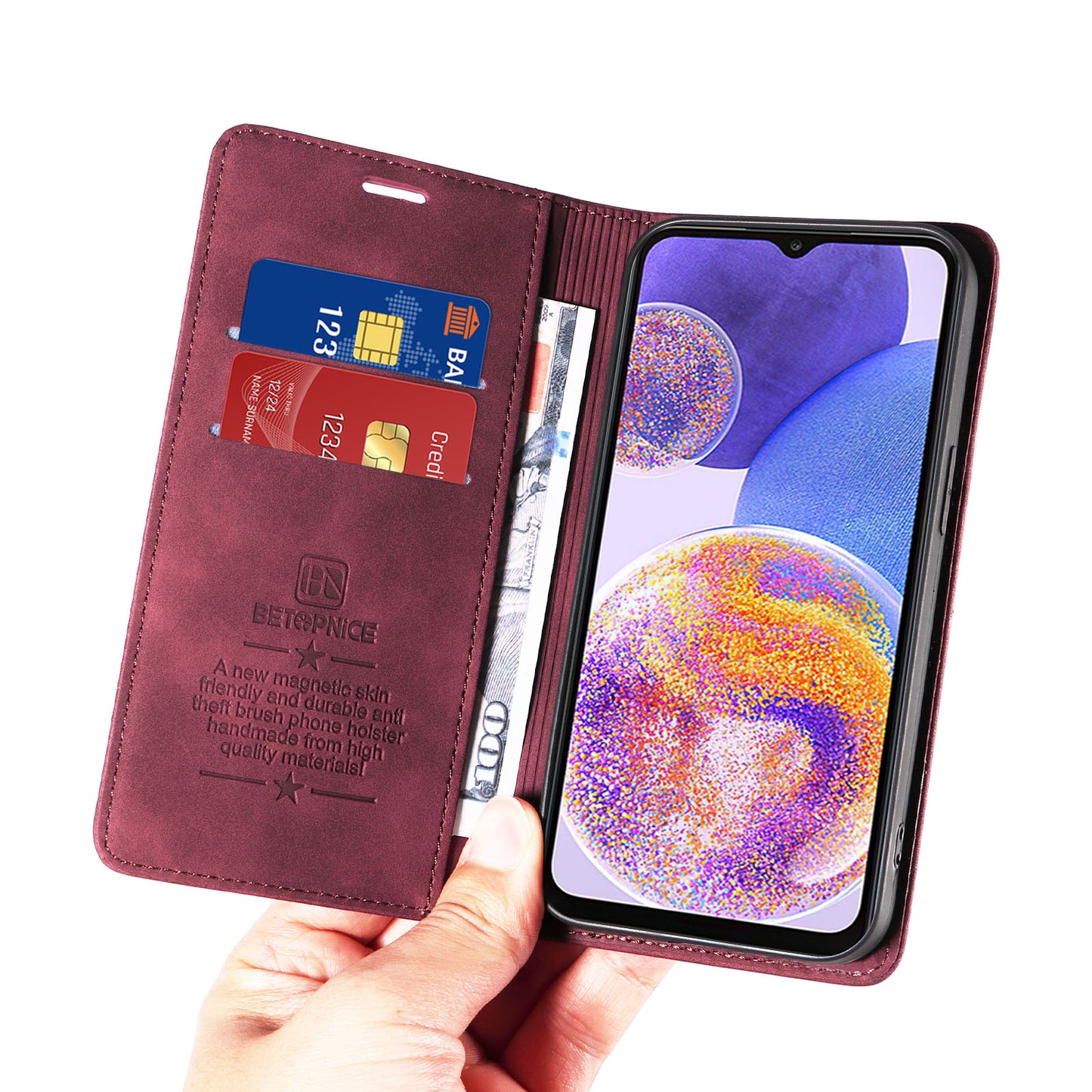 Uniqkart 003 For Samsung Galaxy A73 5G Slim-Fit PU Leather Stand Cover RFID Blocking Wallet Phone Case - Red