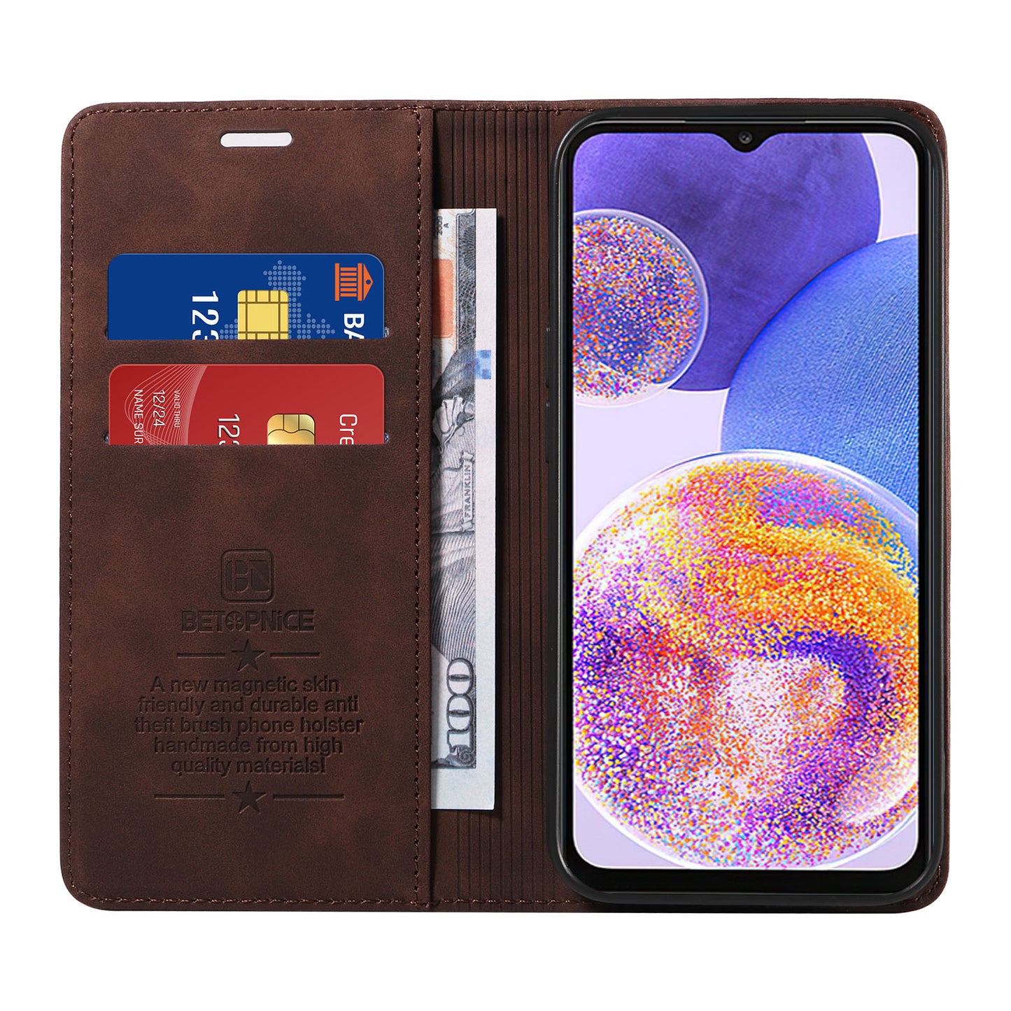 for Samsung Galaxy A23 4G / A23 5G (Global Version) / F23 5G / M23 5G / M13 4G RFID Blocking Stand PU Leather Cover Magnetic Wallet Case - Brown