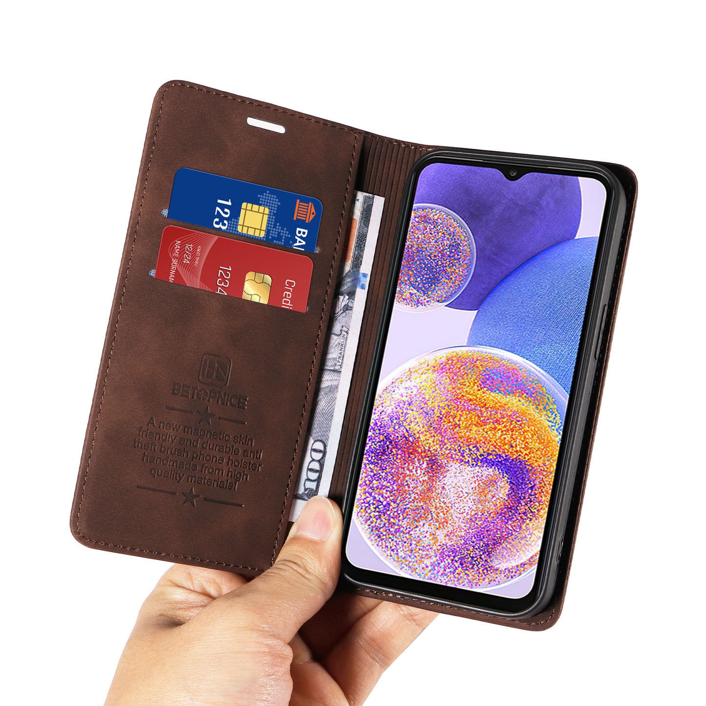 for Samsung Galaxy A23 4G / A23 5G (Global Version) / F23 5G / M23 5G / M13 4G RFID Blocking Stand PU Leather Cover Magnetic Wallet Case - Brown