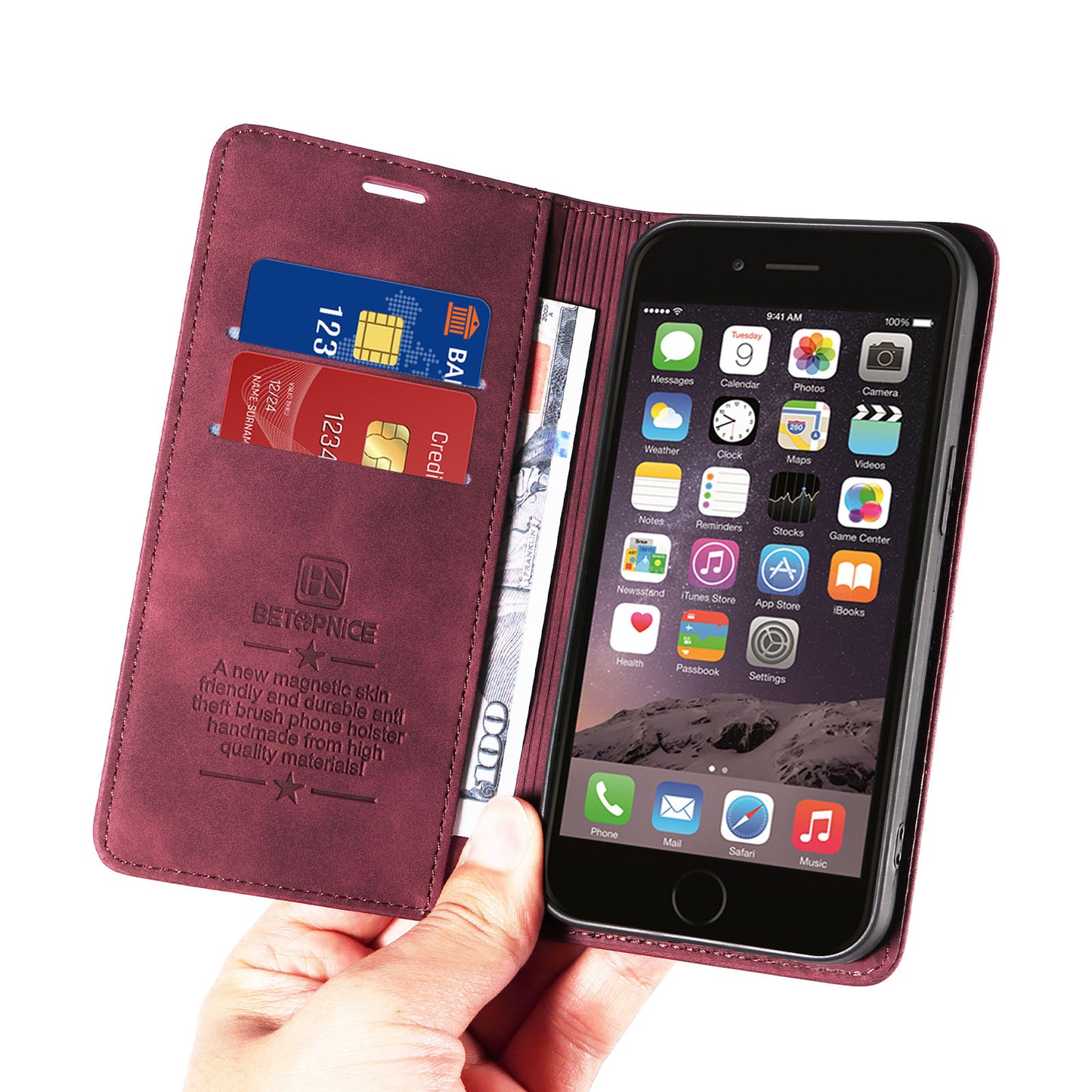 Uniqkart 003 For iPhone 6 Plus / 7 Plus / 8 Plus / 6s Plus TPU+PU Leather Stand Cover RFID Blocking Wallet Cell Phone Case - Red