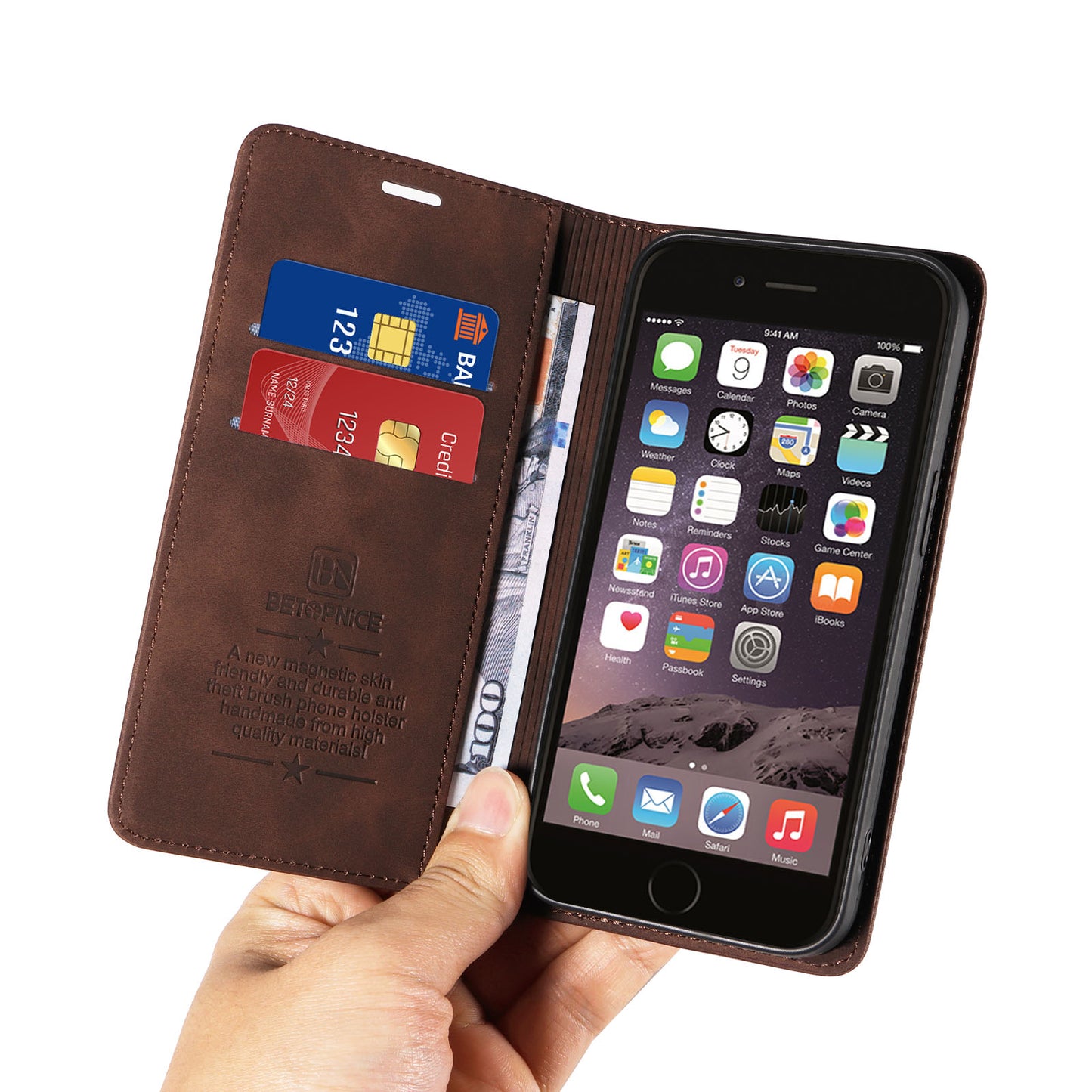 Uniqkart 003 For iPhone 6 Plus / 7 Plus / 8 Plus / 6s Plus TPU+PU Leather Stand Cover RFID Blocking Wallet Cell Phone Case - Brown
