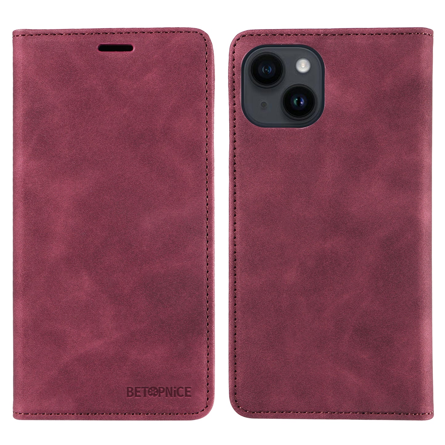 Uniqkart 003 For iPhone 15 Phone Case RFID Blocking PU Leather Stand Cover Wallet - Red