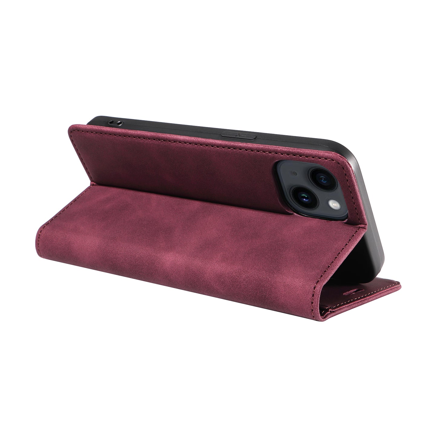 Uniqkart 003 For iPhone 15 Phone Case RFID Blocking PU Leather Stand Cover Wallet - Red