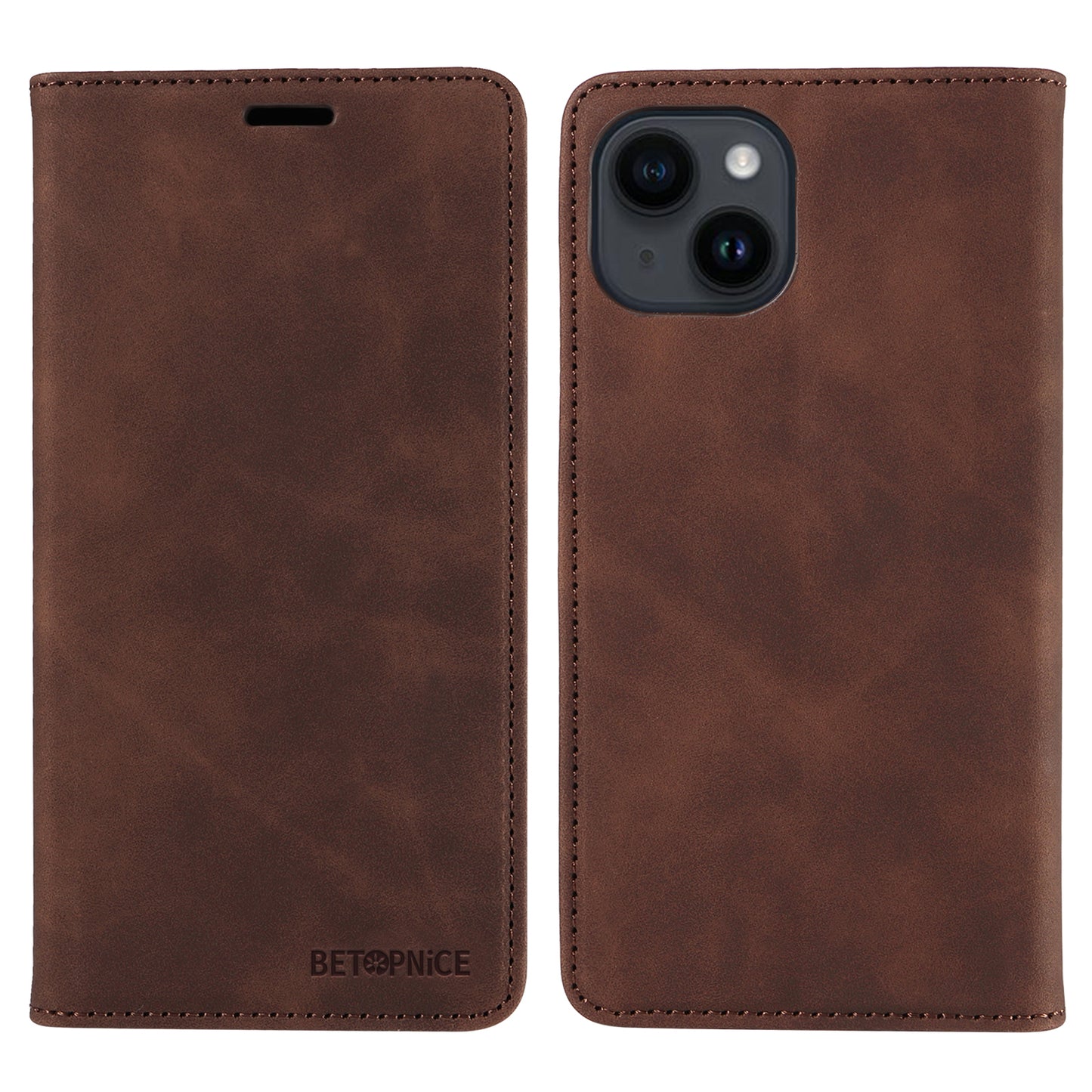 Uniqkart 003 For iPhone 15 Phone Case RFID Blocking PU Leather Stand Cover Wallet - Brown