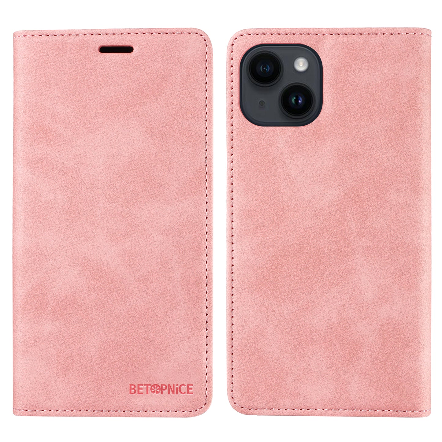 Uniqkart 003 For iPhone 15 Phone Case RFID Blocking PU Leather Stand Cover Wallet - Pink