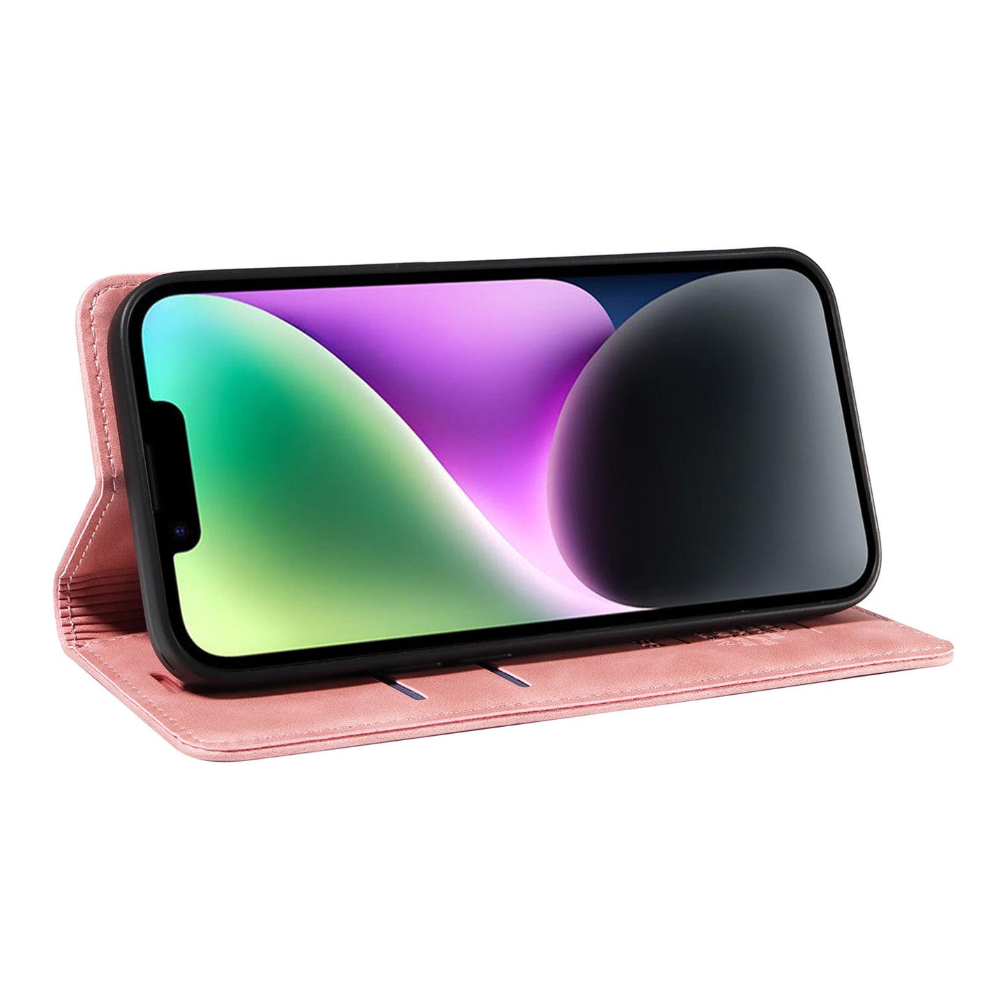 Uniqkart 003 For iPhone 15 Phone Case RFID Blocking PU Leather Stand Cover Wallet - Pink