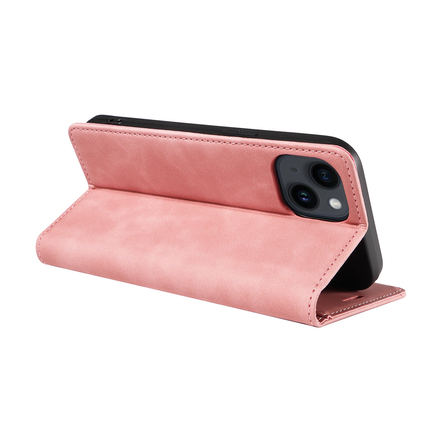 Uniqkart 003 For iPhone 15 Phone Case RFID Blocking PU Leather Stand Cover Wallet - Pink