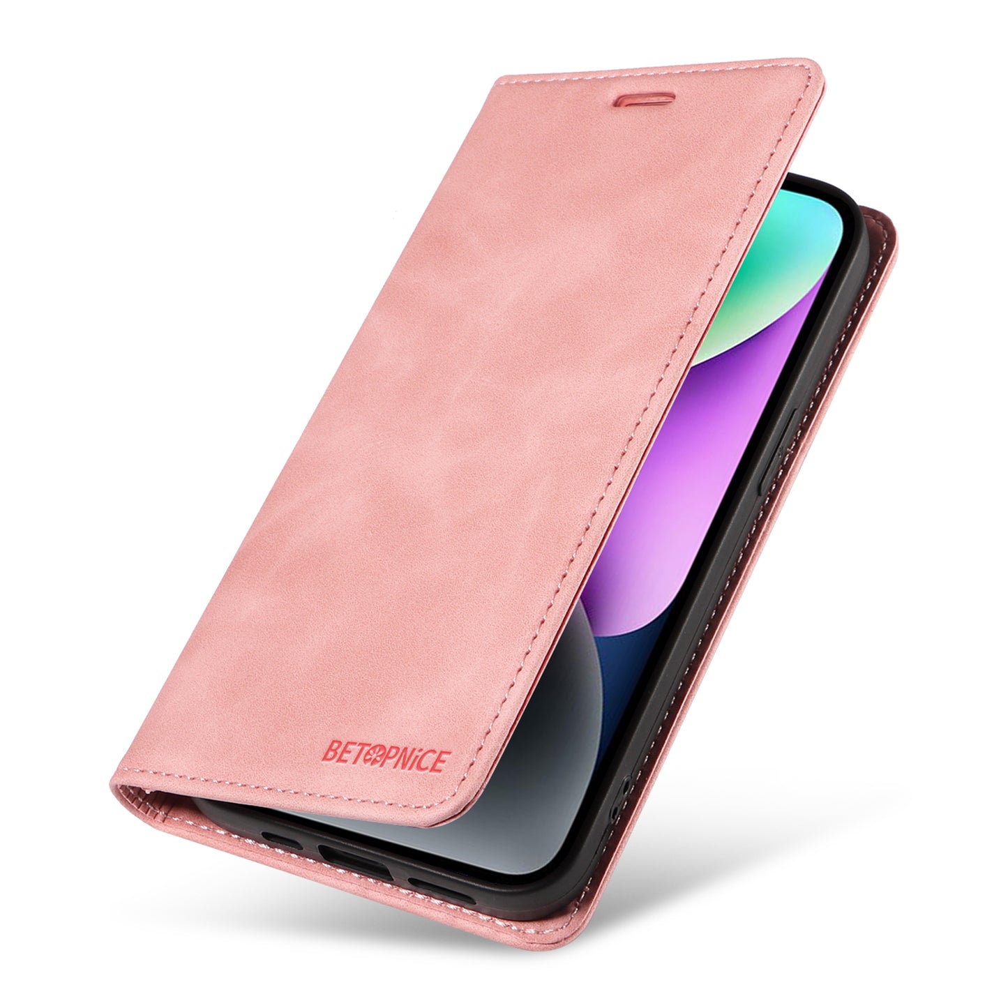 Uniqkart 003 For iPhone 15 Phone Case RFID Blocking PU Leather Stand Cover Wallet - Pink