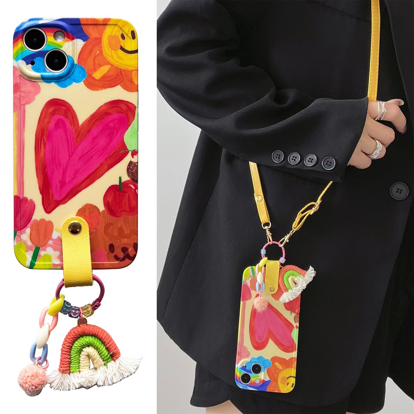 Uniqkart for iPhone 13 Soft TPU Phone Cover Heart Pattern Cell Phone Case with Rainbow Decor, Leather Shoulder Strap