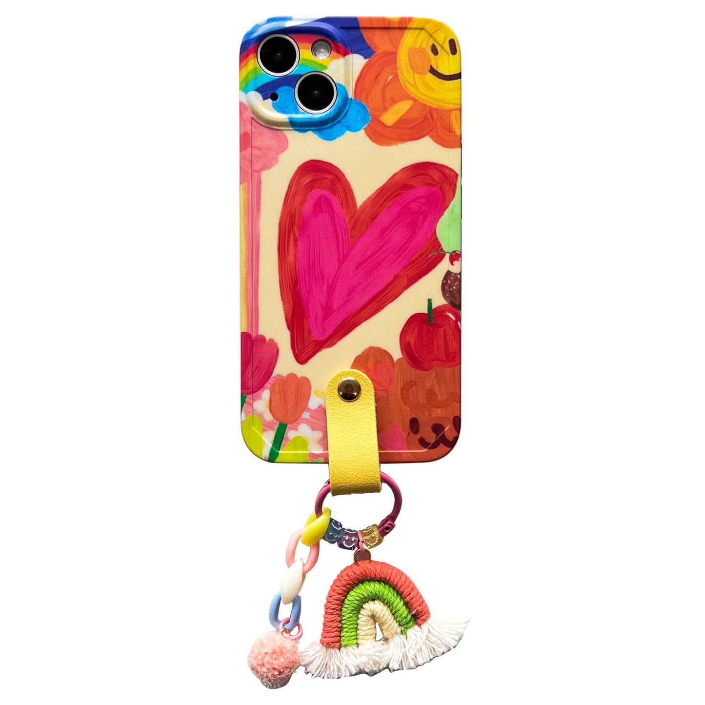 Uniqkart for iPhone 13 Soft TPU Phone Cover Heart Pattern Cell Phone Case with Rainbow Decor, Leather Shoulder Strap