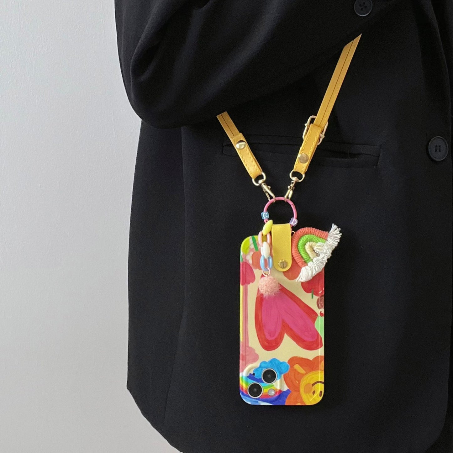 Uniqkart for iPhone 13 Soft TPU Phone Cover Heart Pattern Cell Phone Case with Rainbow Decor, Leather Shoulder Strap