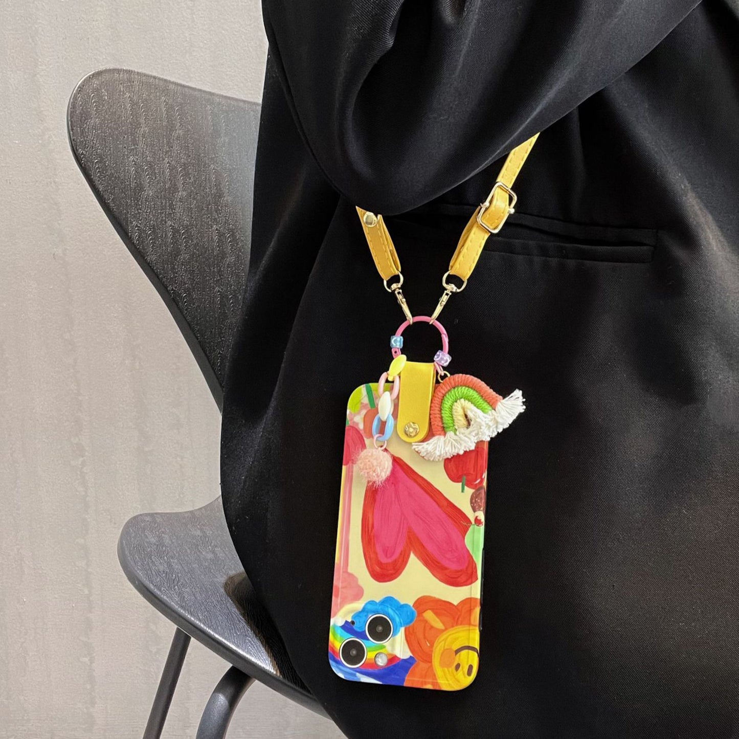 Uniqkart for iPhone 13 Soft TPU Phone Cover Heart Pattern Cell Phone Case with Rainbow Decor, Leather Shoulder Strap