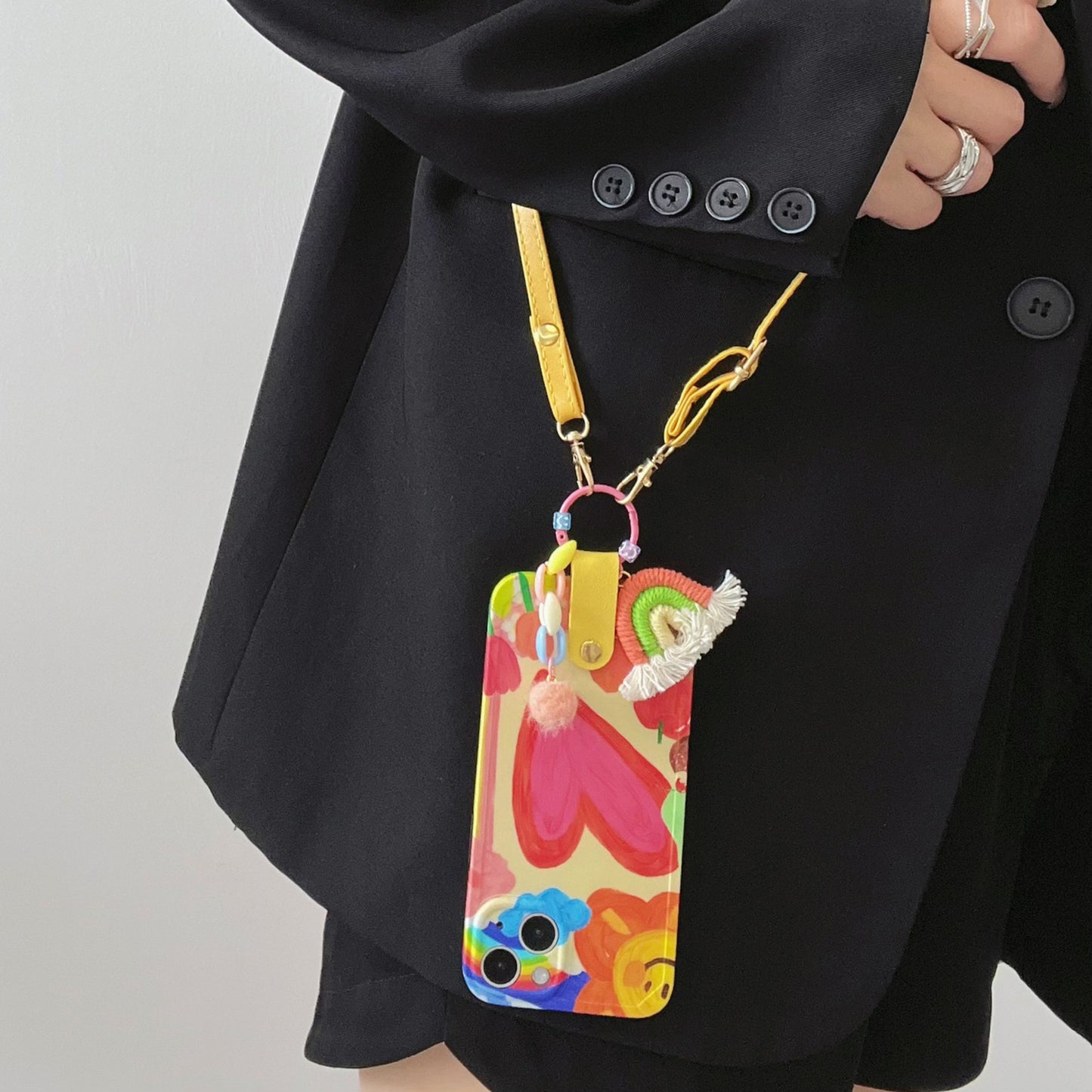 Uniqkart for iPhone 13 Soft TPU Phone Cover Heart Pattern Cell Phone Case with Rainbow Decor, Leather Shoulder Strap