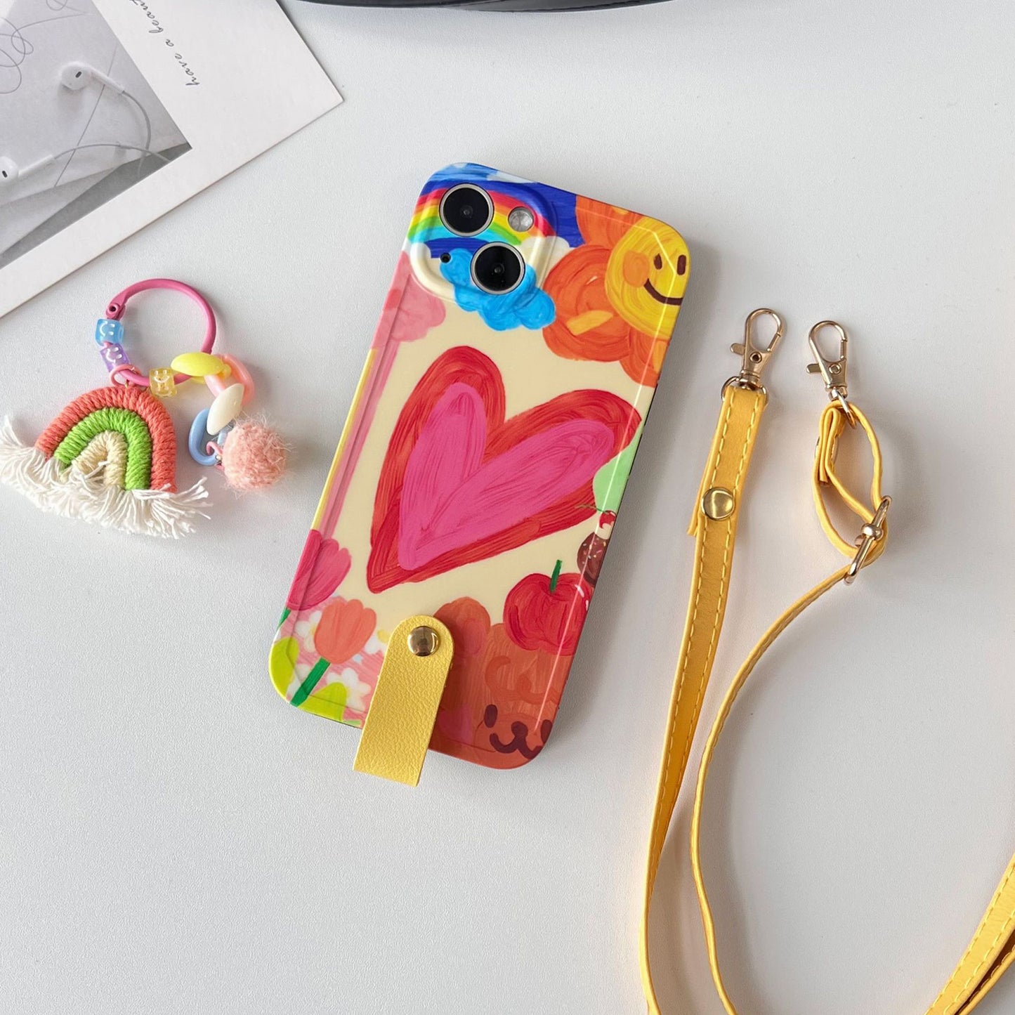 Uniqkart for iPhone 13 Soft TPU Phone Cover Heart Pattern Cell Phone Case with Rainbow Decor, Leather Shoulder Strap