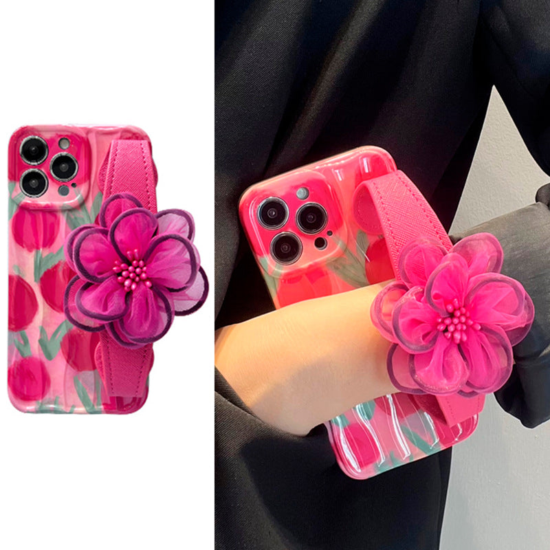 Leather Wristband TPU Phone Cover for iPhone 12 Pro , Anti-dust Pattern Printing Case with Pink Flower Decor
