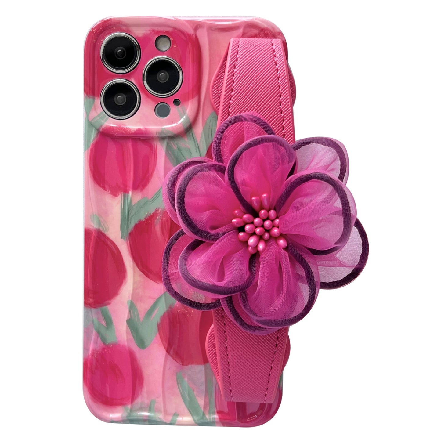 Uniqkart for iPhone 12 Pro Max TPU Shell Anti-Scratch Phone Case Cell Phone Cover with Gauze Flower Leather Wristband