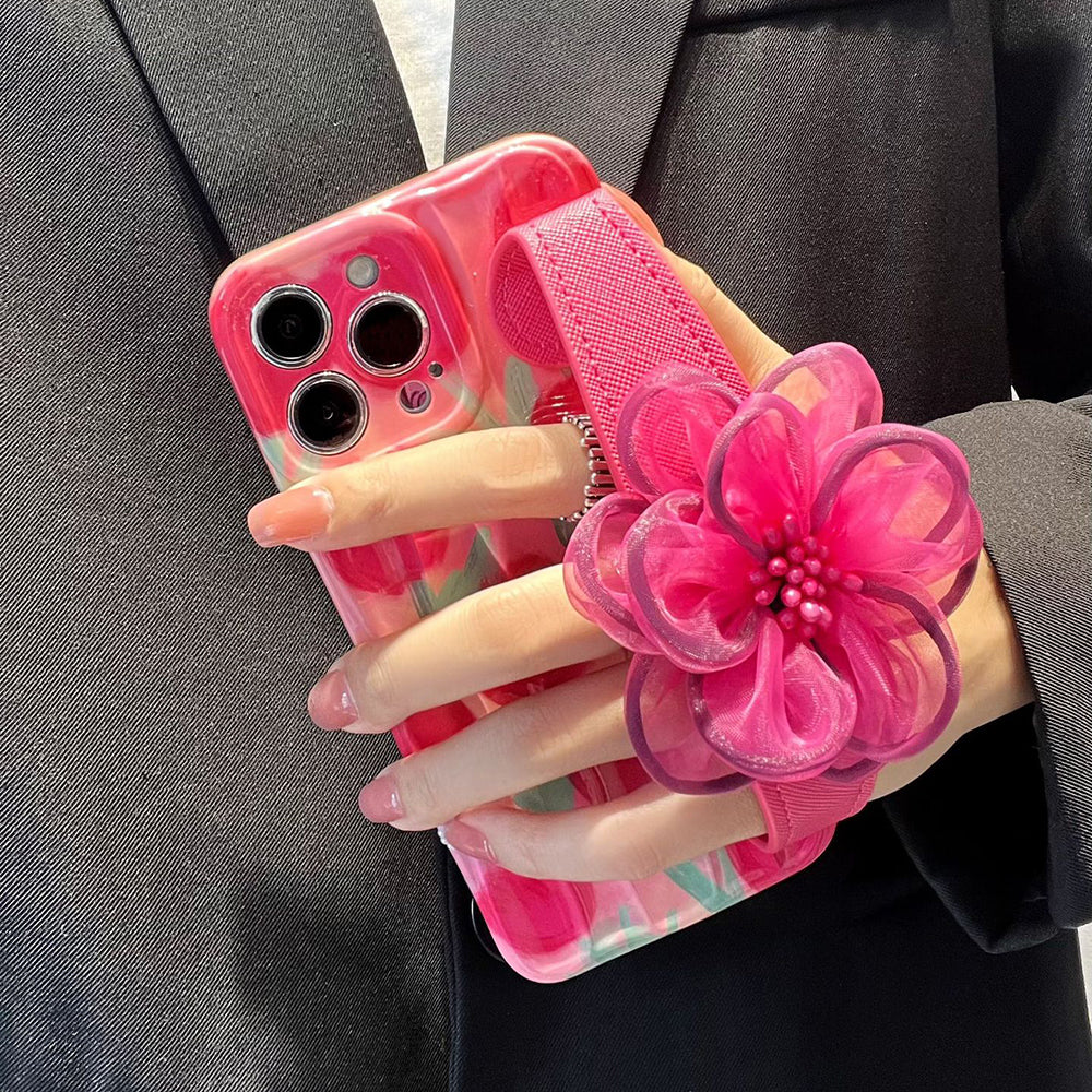 Uniqkart for iPhone 12 Pro Max TPU Shell Anti-Scratch Phone Case Cell Phone Cover with Gauze Flower Leather Wristband