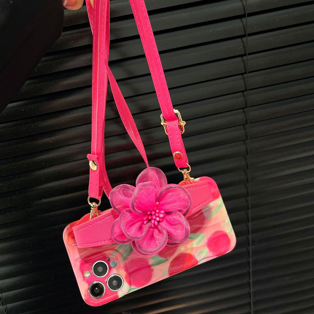 TPU Case for iPhone 12 Pro Max , Gauze Flower Leather Wristband Pattern Phone Cover with Shoulder Strap