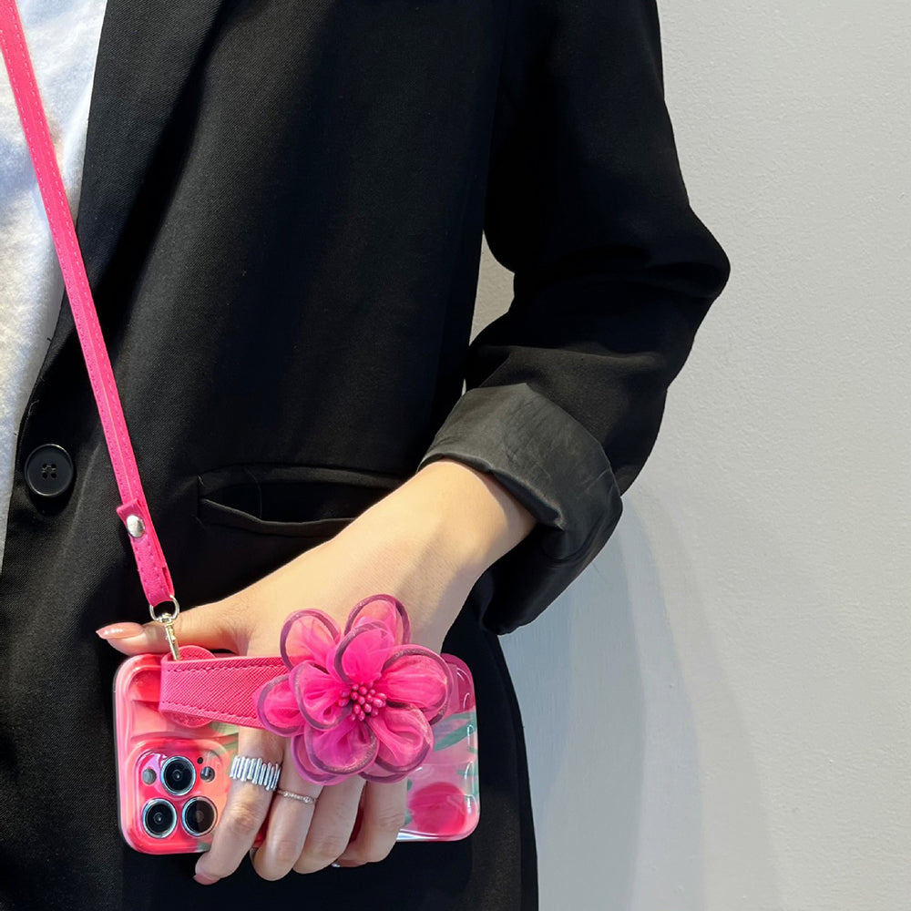 Uniqkart for iPhone 12 Pro Pattern TPU Phone Case with Gauze Flower Leather Wristband and Shoulder Strap