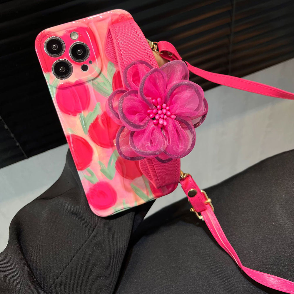 Uniqkart for iPhone 12 Pro Pattern TPU Phone Case with Gauze Flower Leather Wristband and Shoulder Strap