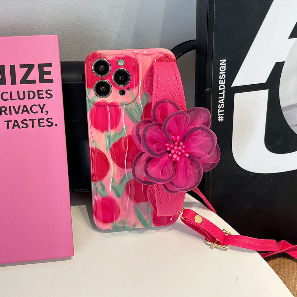 Uniqkart for iPhone 12 Pro Pattern TPU Phone Case with Gauze Flower Leather Wristband and Shoulder Strap