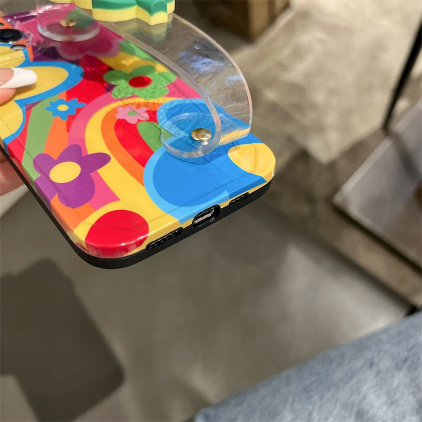 Uniqkart for iPhone 12 Pro Max TPU Phone Case Flower Decor Clear Wristband Printed Phone Cover with Shoulder Strap