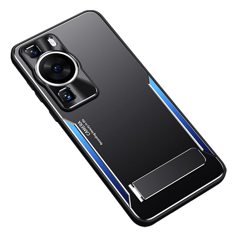 Uniqkart for Huawei P60 Folding Kickstand Phone Case TPU+Aluminium Alloy Anti-scratch Cover - Blue