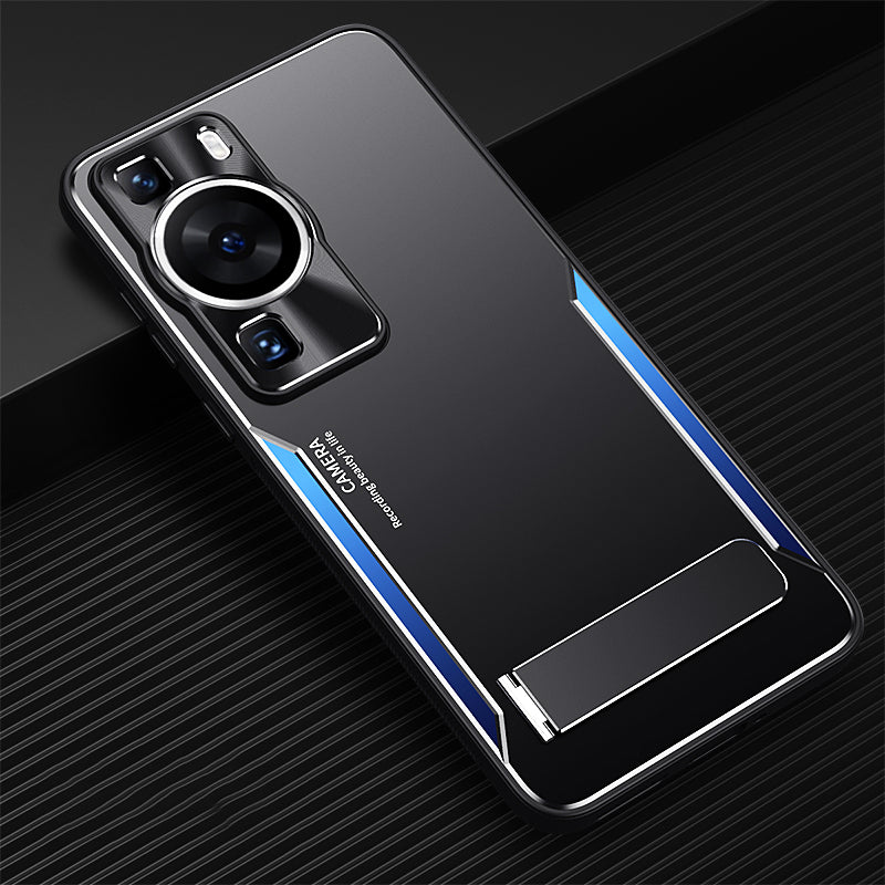 Uniqkart for Huawei P60 Folding Kickstand Phone Case TPU+Aluminium Alloy Anti-scratch Cover - Blue