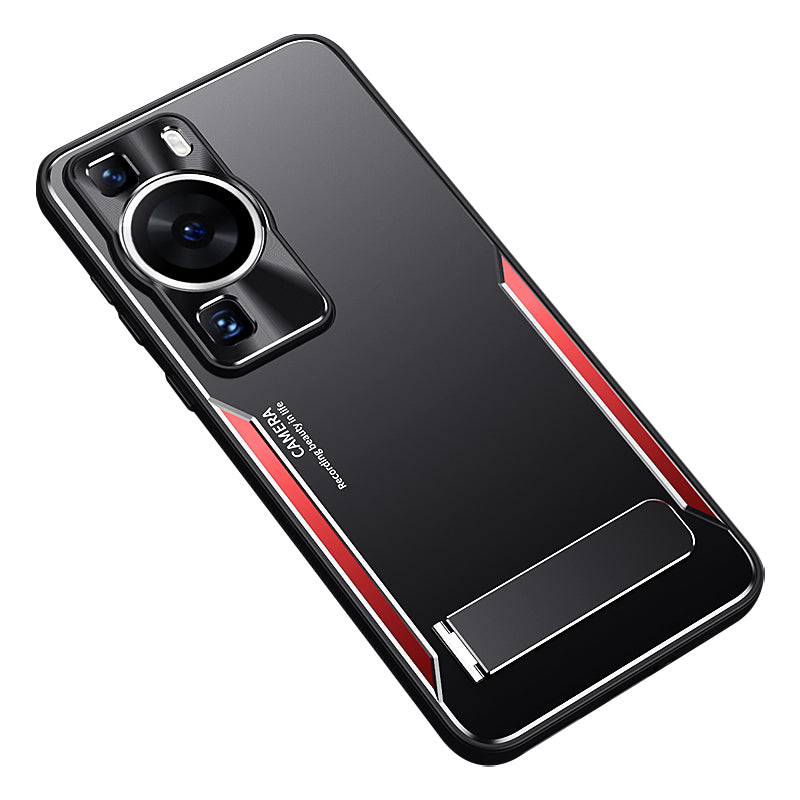 Uniqkart for Huawei P60 Folding Kickstand Phone Case TPU+Aluminium Alloy Anti-scratch Cover - Red