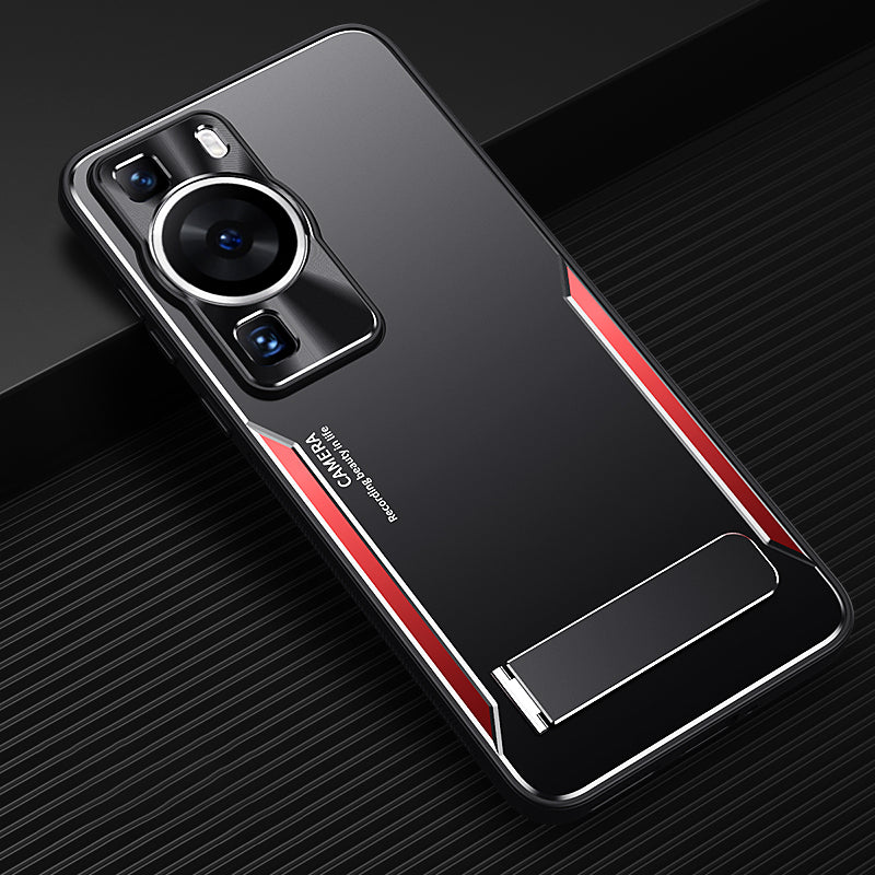 Uniqkart for Huawei P60 Folding Kickstand Phone Case TPU+Aluminium Alloy Anti-scratch Cover - Red