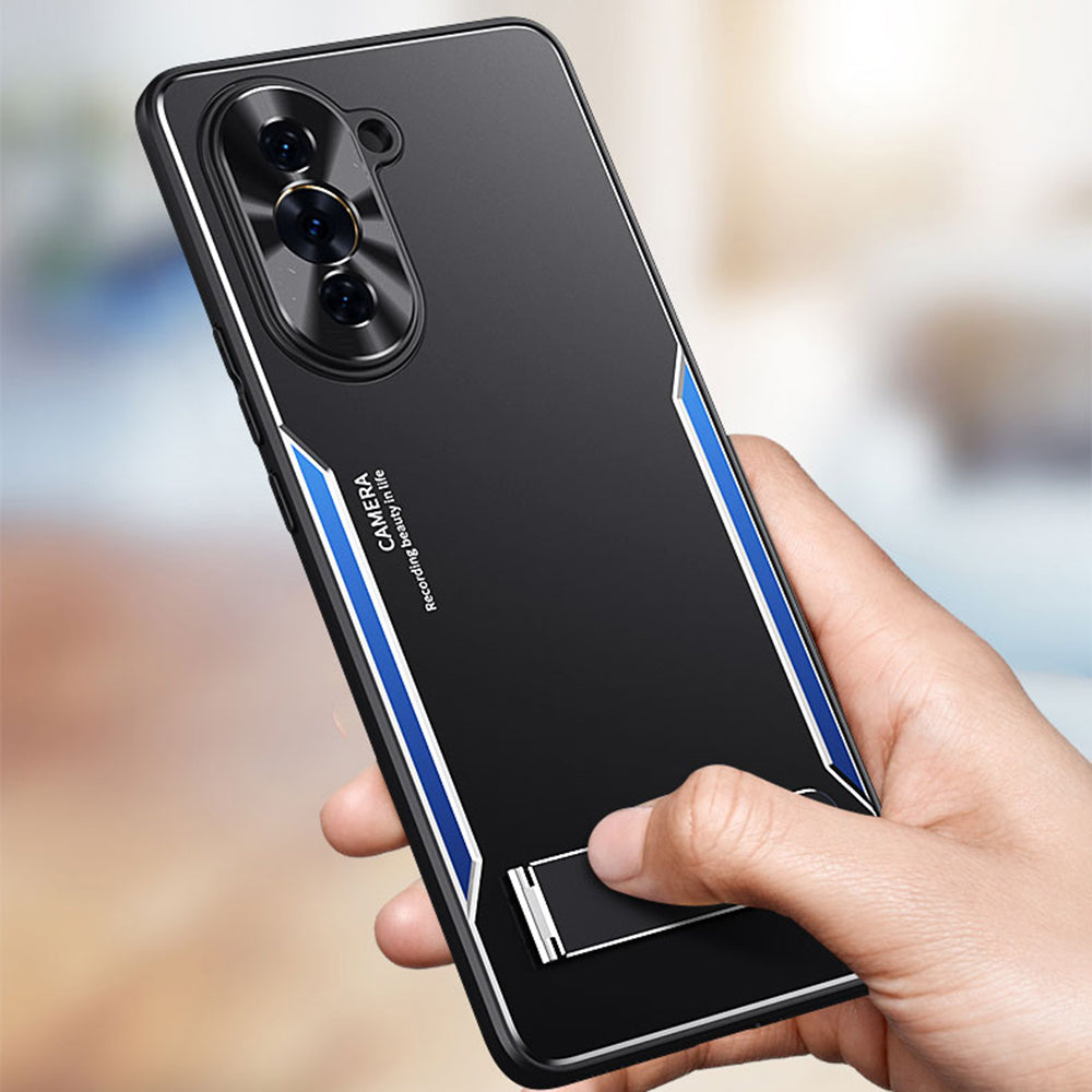 Uniqkart for Huawei nova 10 Pro 4G TPU+Aluminium Alloy Anti-fall Cover Folding Kickstand Phone Case - Blue
