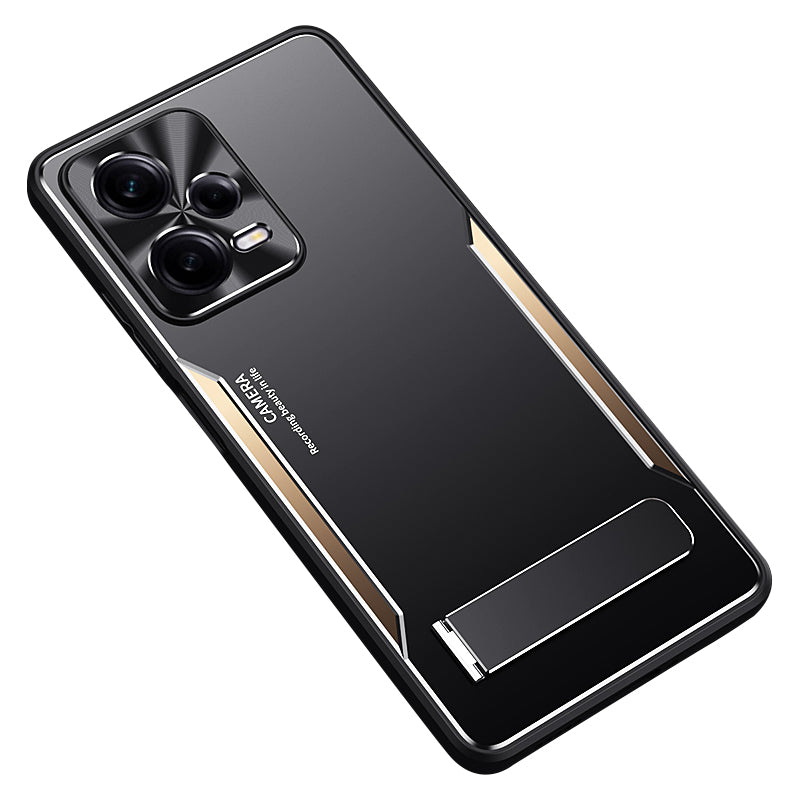 Uniqkart for Xiaomi Redmi Note 12 Pro 5G Kickstand Drop-proof Case TPU+Aluminium Alloy Phone Cover - Gold
